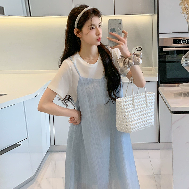 Летняя одежда для беременных 2025 года, корейский стиль, футболка из чистого хлопка, платье из шифона с вставками, имитация двух предметов