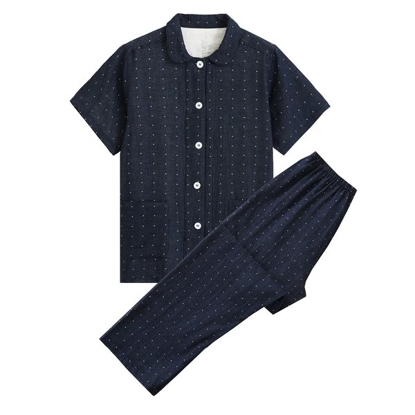 (Women) Double-layer gauze short-sleeved trousers navy blue polka dots