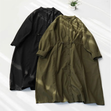 春款新款全棉立领长袖单排扣收腰连衣裙日系文艺显瘦大版森系直筒