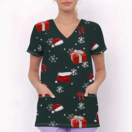 冬日圣诞印花女士护工服上衣V 领短袖新款休闲舒适工作服装