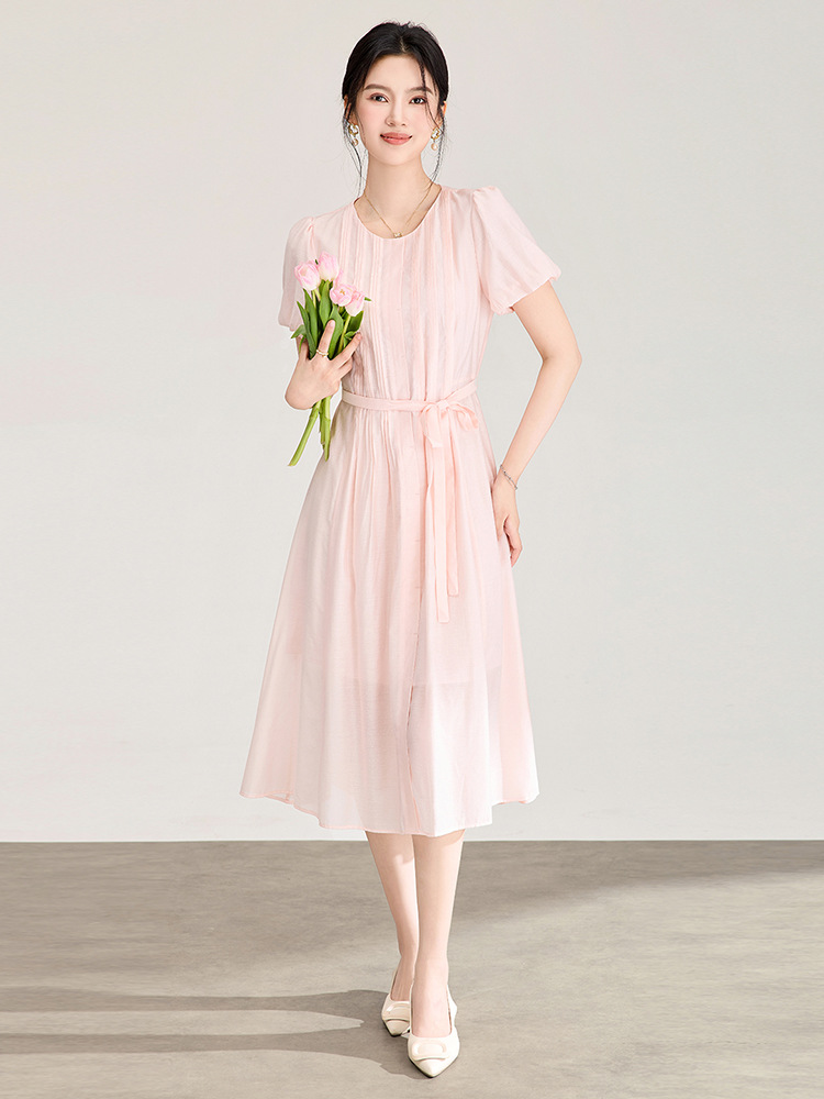 Đầm maxi nữ cổ tròn thắt lưng ren dáng dài — xanh lam