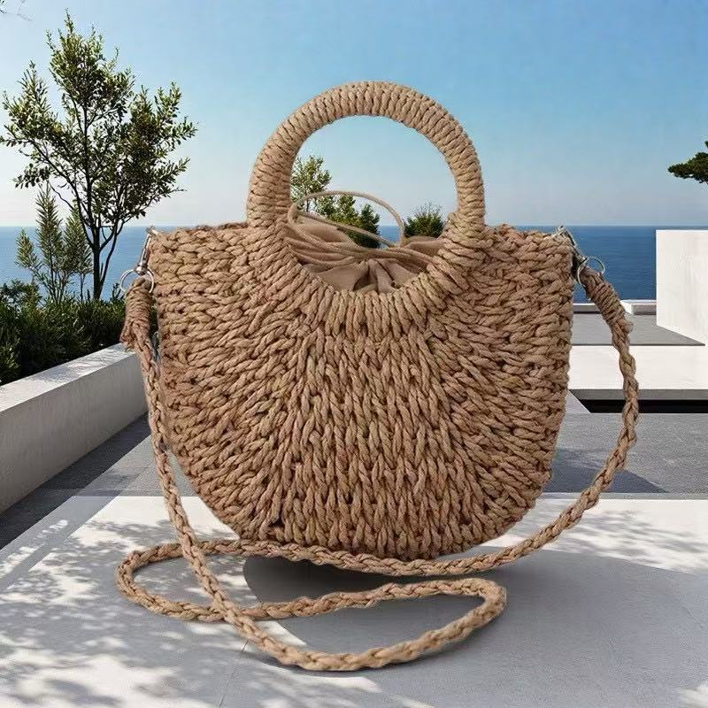 Small Round Bucket Letter Ribbon Crossbody Bag Paper Rope Semicircle Handwoven Bag Vacation Shoulder Handheld Bucket Mobile Phone Bag