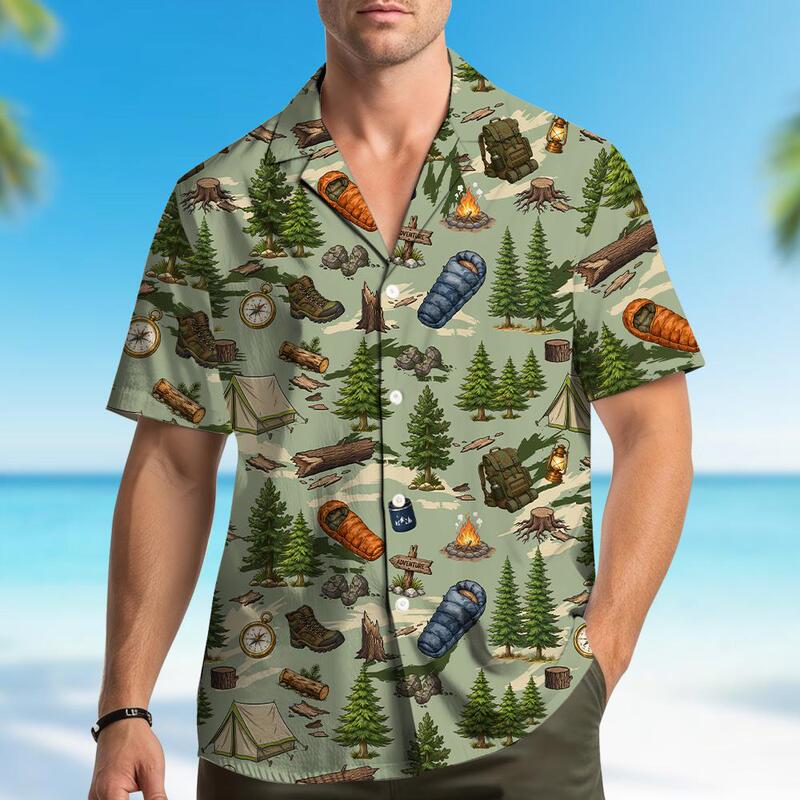 Light green outdoor camping gear, short-sleeved shirt with pine tree print and Cuban collar, men's summer mountain hiking vacation wear Light green outdoor camping gear, short-sleeved shirt with pine tree print and Cuban collar, men's summer mountain hiking vacation wear