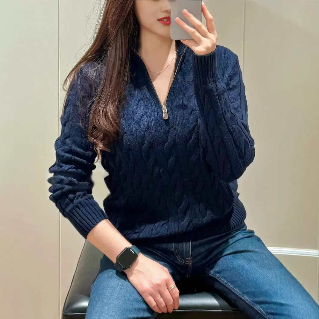 可扫码RL拉夫小马标刺绣针织衫女秋冬立领麻花半拉链情侣毛衣男