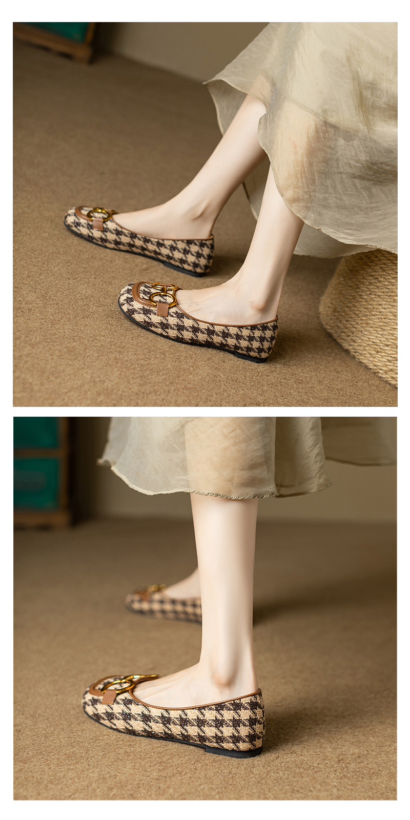 Damen Retro Karo Moccasins Mit Eckiger Kappe Und Schnalle_voghion.com