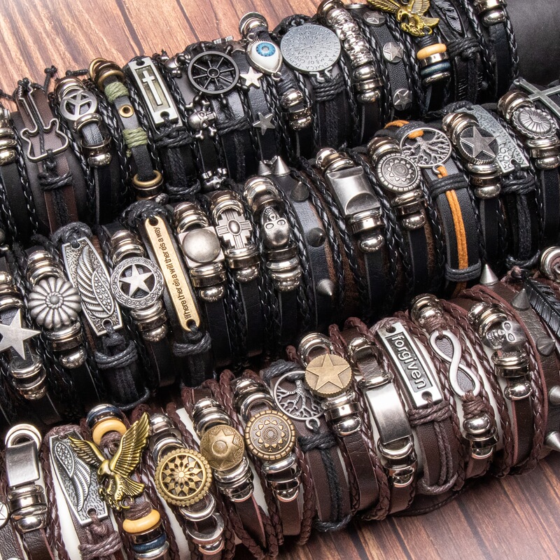 12Pcs/24Pcs/36Pcs Retro Men's Braided DIY Mixed Bracelet Size Adjustable