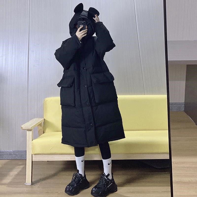 2022 Winter New Cute Japanese Middle and Long College Style Ear Hat Bread Coat Cotton Coat Female Student