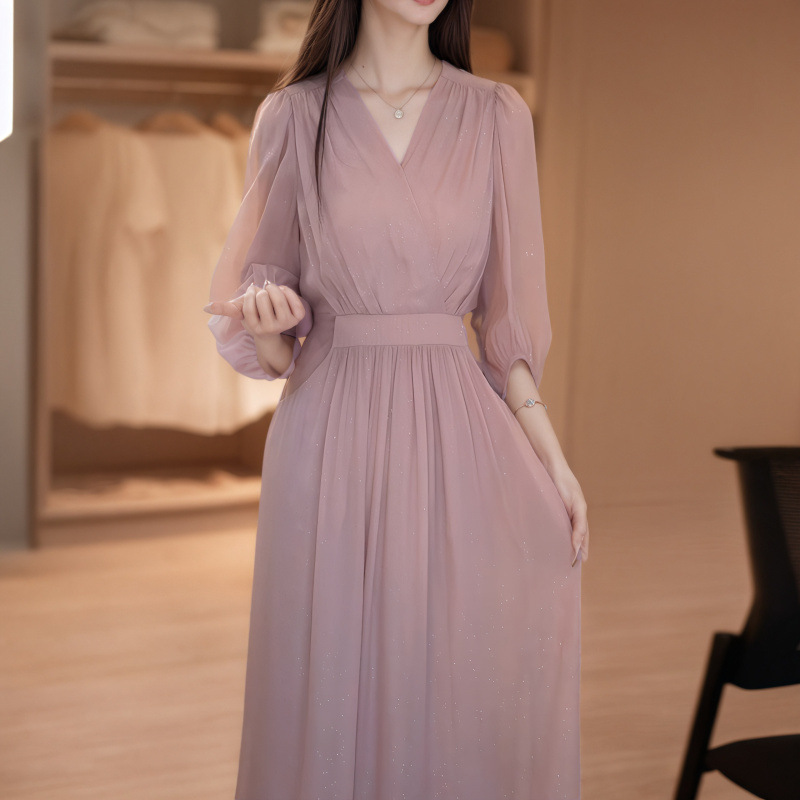 轻奢感气质领中长款连衣裙女2025夏季法式复古收腰显瘦裙子女|undefined