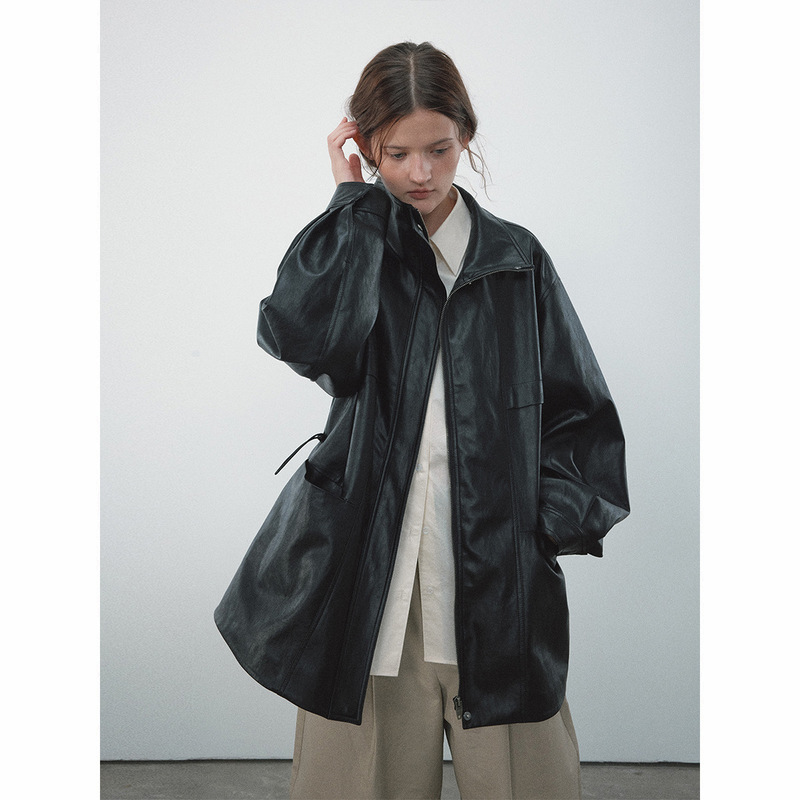 [Daihe] Spring New Casual Collar Simple Joker Drawstring Mid-length PU Leather Coat Coat H8074