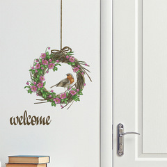 FX-F476英文標語Welcome小鳥花環鳥巢掛飾門貼家居美化裝飾牆貼紙