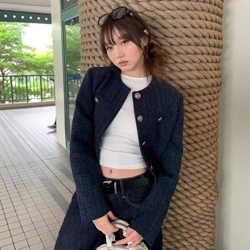 法式小香风外套女装秋季2025新款超火减龄休闲蓝色短款韩系上衣服|undefined