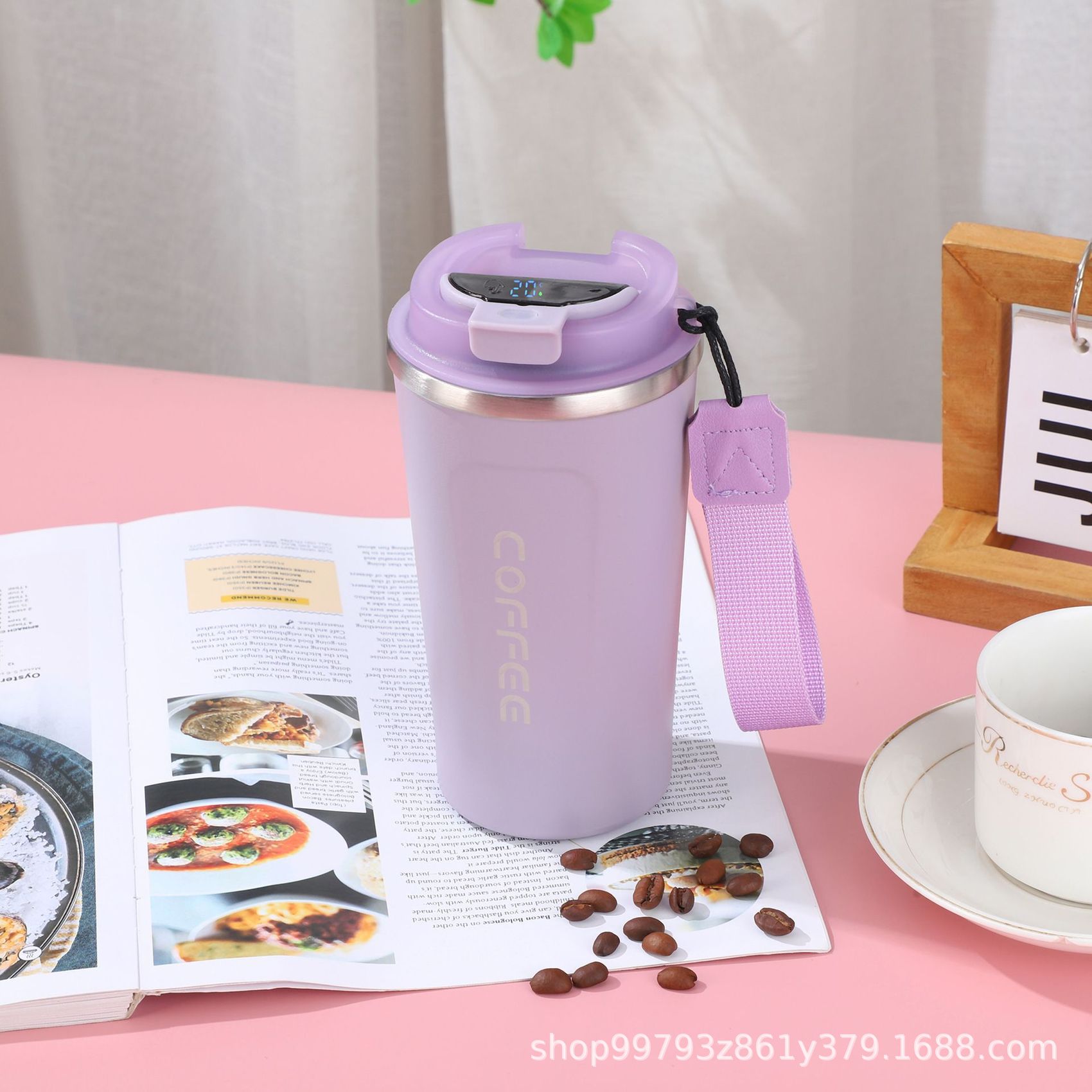 Taza de café inteligente de temperatura 304 taza de acero inoxidable portátil de cuerda de transporte de automóviles de oficina para hombres y mujeres con logotipo de impresión