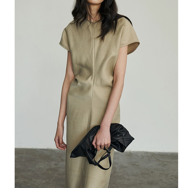 現物メーカー卸売り純色ワンピース春夏新作婦人服半袖女性スカート修身気質ロングスカート高ji感