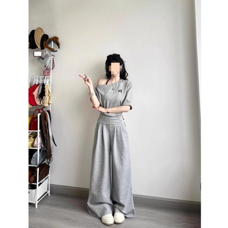 盐系少女感休闲运动套装女夏季灰色一字肩收腰短袖阔腿裤两件套|undefined