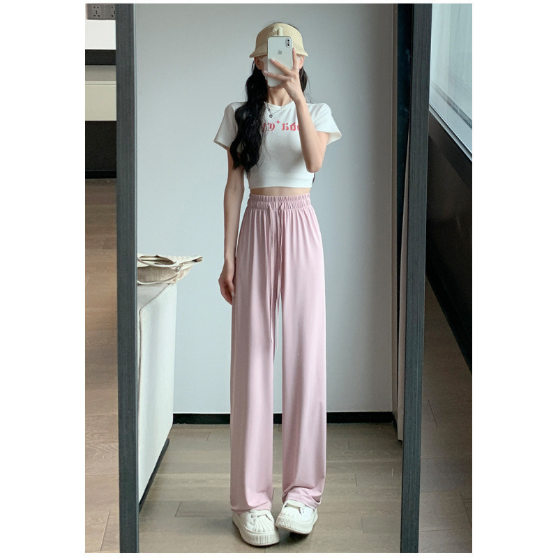 女性用のロングアイスシルク夏用の軽くて通気性のある速乾性カジュアルパンツストレートパンツハイウエスト薄いワイドレッグパンツ日焼け止めパンツ|undefined