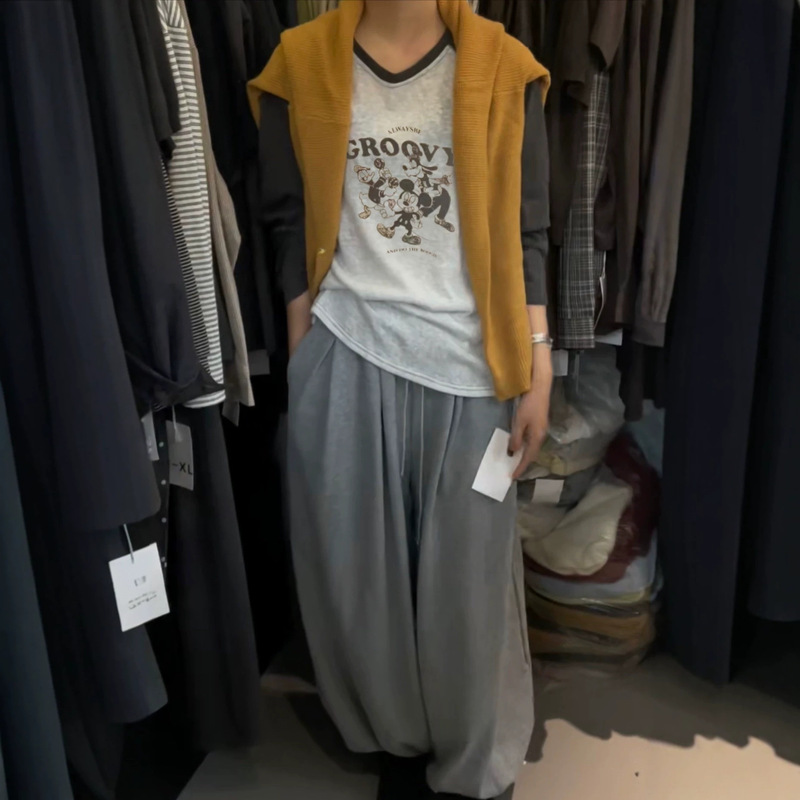 Korean style @2026 autumn/winter cartoon print round-neck wide-fit color-block raglan t-shirt