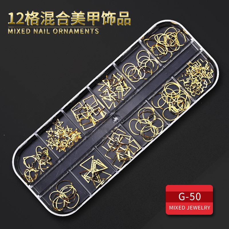 Juego completo transfronterizo de 12 compartimientos de remaches de metal, diamantes de imitación, Xingyue, piezas de concha de diamantes, accesorios para uñas, adornos para uñas