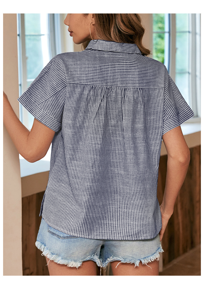 Striped Short-sleeved Lapel Button-down Shirt_voghion.com