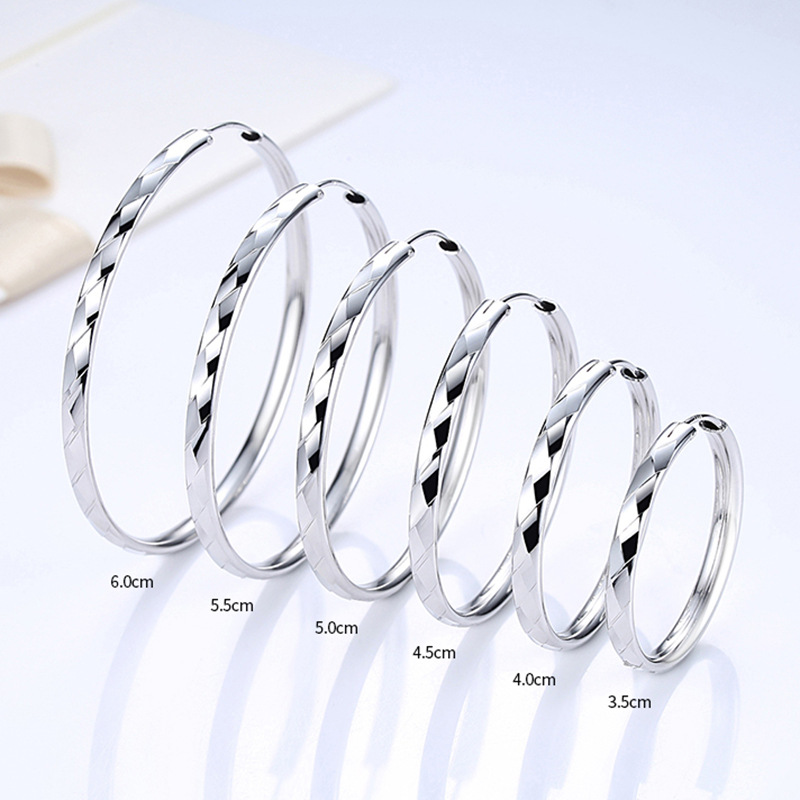 Chenyichen Jewelry 999 Sterling Silver Water Ripple Large Hoop Earrings for Women, Rhombus-Shaped Elegant Large Hoop Earrings