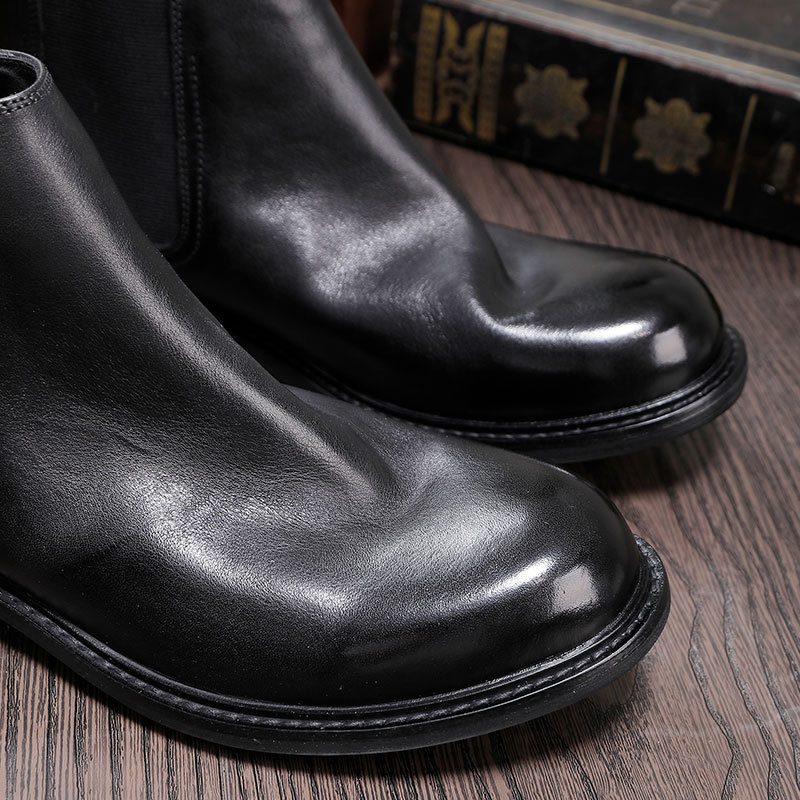 Men's thick soled cowhide leather shoes high-top slip-on ankle boots round head leather breathable_voghion.com