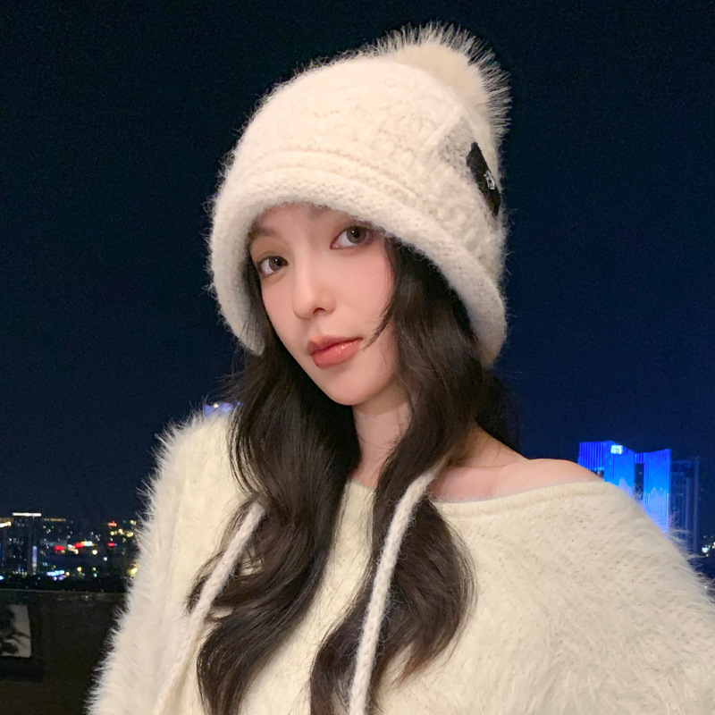 冬季新款加绒加厚针织帽时尚百搭毛球帽子女款简约护耳百搭包头帽|undefined
