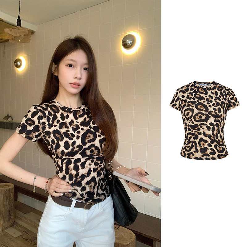 Pure quiere pellizcar la cintura delgada chica caliente americana estampado de leopardo hombro corto primavera y verano camiseta delgada camiseta de manga larga camiseta para mujeres image 8