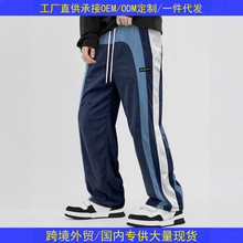 跨境欧美运动休闲裤男款美式条纹弯刀卫裤潮牌设计感阔腿裤子2063