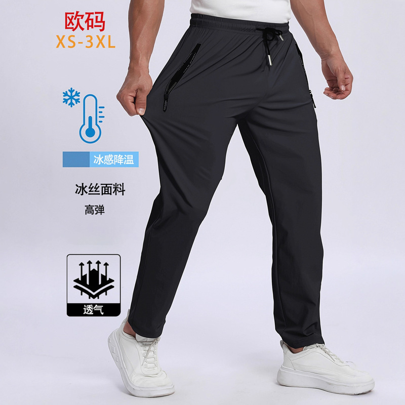 European Size Ice Silk Pants for Men, Summer Thin Quick-Dry Sports Pants, Loose Air Conditioning Pants, Straight-Leg Cuffed Casual Long Pants