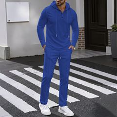 亚马逊2025欧美跨境男士休闲套装户外华夫格连帽纯色长袖长裤套装