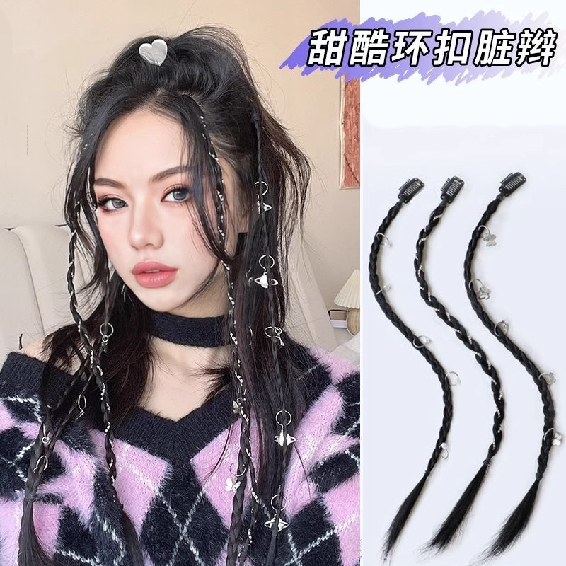 Wig Braids for Women, Braided Hair with Rhinestone Rings, Dreadlocks, Ponytails, Boxing Braids with Rhinestone Rings