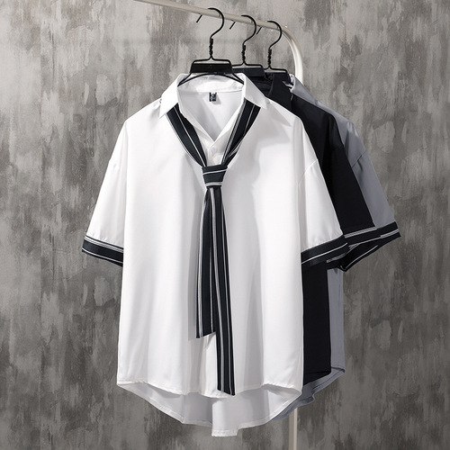 Men's Cool Street Style 7-Button Collar Shirt, Korean Version, Trendy, Stylish, Loose, Hong Kong Style, Casual, Versatile, Black Shirt