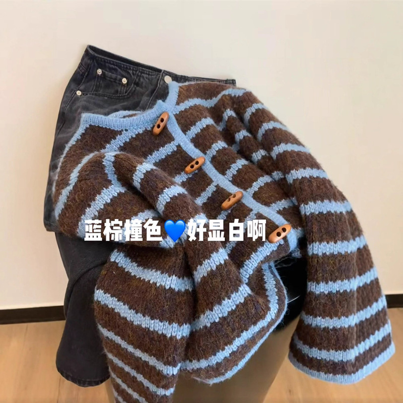 Recommended for Personal Use ~ Contrast Color Stripesd Horn Button Soft Waxy Sweater for Women Autumn and Winter New Retro Thickeneded Knitted Cardigan