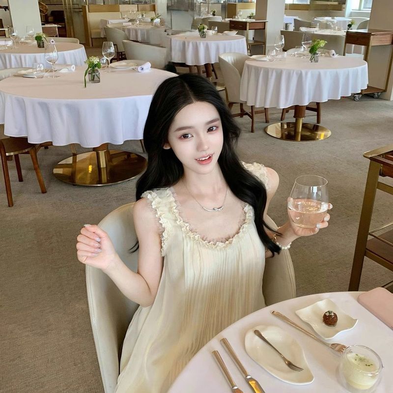 甜美温柔气质蕾丝边百褶睡裙显瘦小个子穿搭旅游度假短裙子夏|undefined