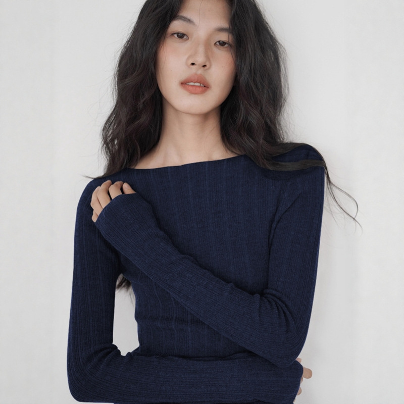 High-End Navy Blue Versatile Round Neck Slimming Look Bottoming Knitwear for Women in Autumn and Winter Retro Slim Fit Inner and Outer Tops