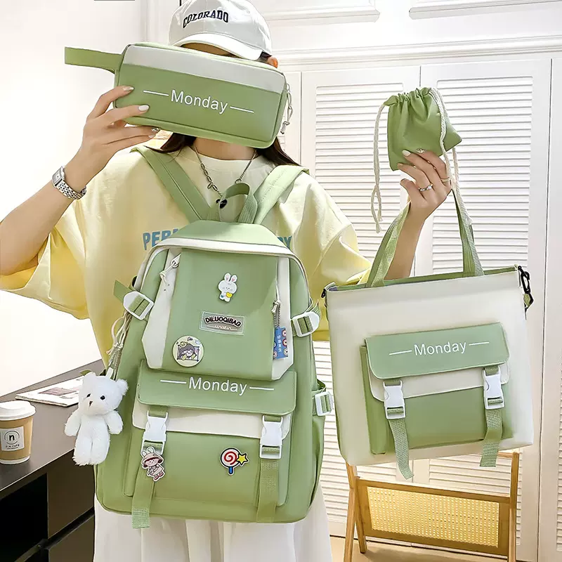 四件套书包女森系百搭小学生背包手提袋时尚拼色大容量初中双肩包