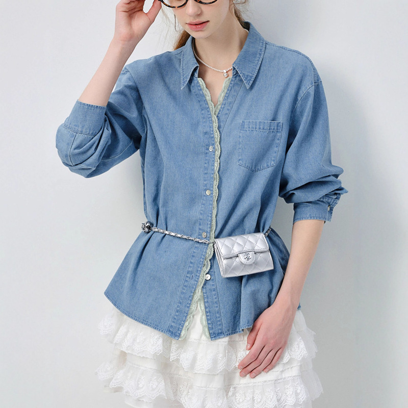 2025 Spring and Autumn New Denim Shirt Women's Design Spliced ​​Lace Top # 5058