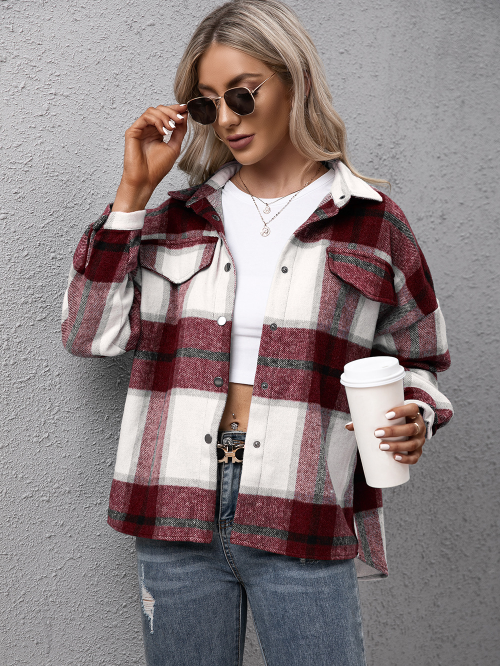 long-sleeved loose plush plaid single-breasted jacket NSYBL136705