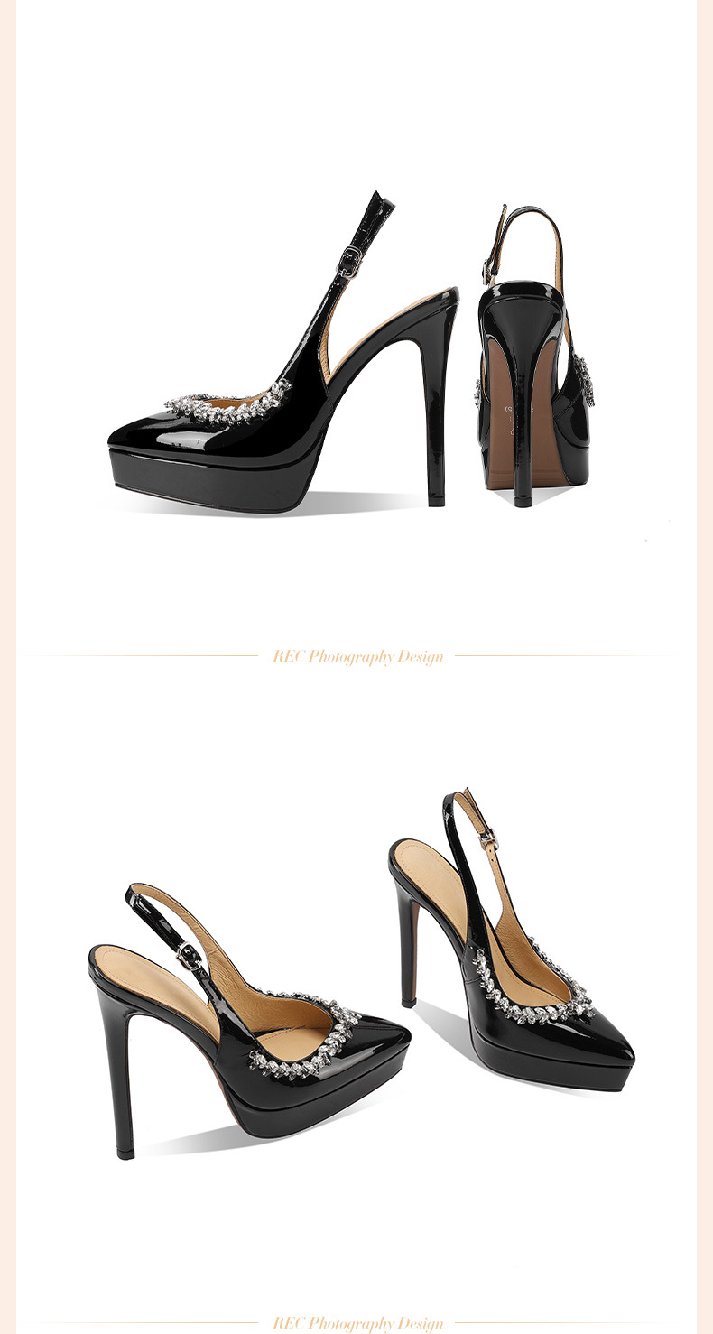 Sandal cao gót nữ mũi nhọn quai một chữ đính pha lê, gót 14 cm, đế platform — Đen 14cm chi tiết 3