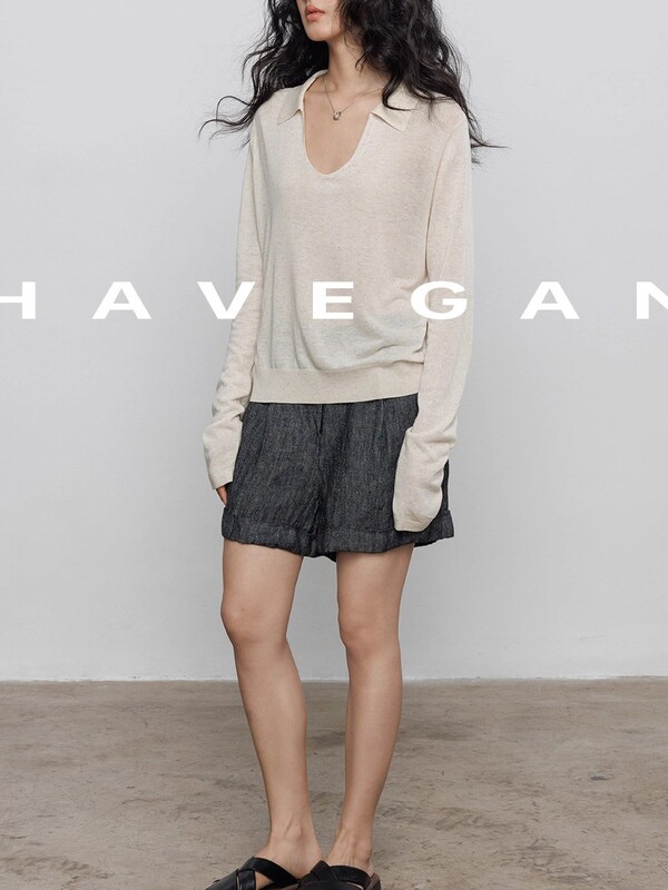 与间HAVEGAN/夏季天丝亚麻长袖防晒针织T恤女翻领老钱风休闲上衣|undefined