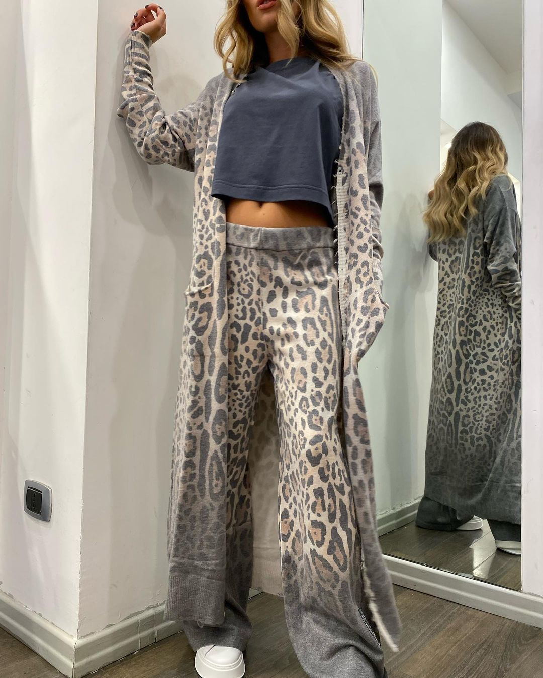 Spring Leopard Print Long Sleeve Cardigan Trousers Suit Two Piece Set for Women