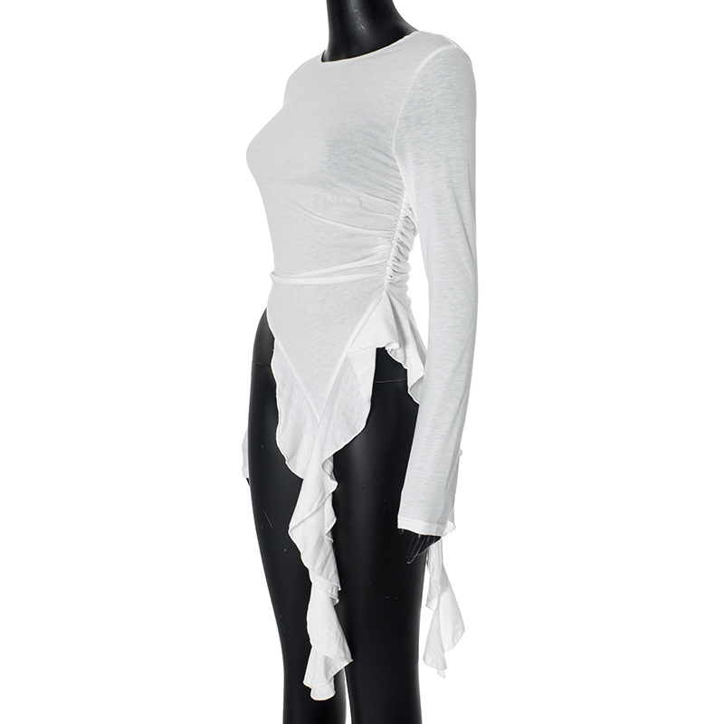 Round Neck Long Sleeve with Ruffles Slim Fit Top Women Clothing