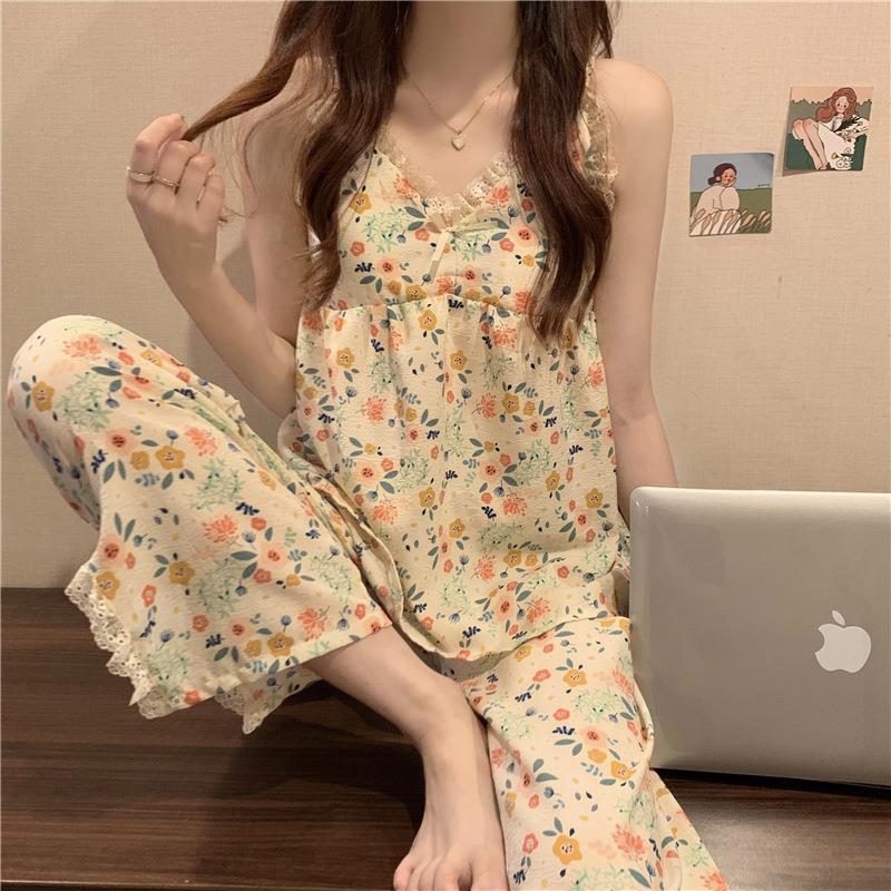 High quality woven bubble wrinkle pajamas women's summer sling 2023 new summer home wear online celebrity generation suit