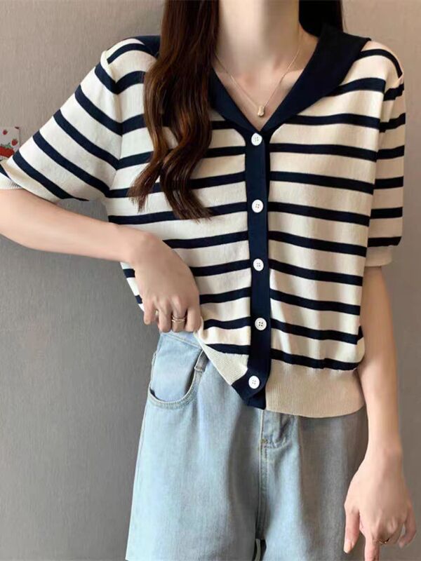 Trendy Color-Blocked Navy Collar Striped Short-Sleeve Top for Women, Chanel-Style, Age-Reducing, Loose-Fitting, Slimming, Ice Silk Knitwear