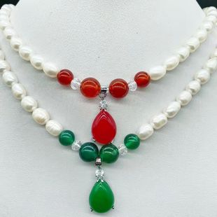 Natural freshwater pearl necklace red and green agate real pearl clavicle chain to send mother elders stall supply wholesale