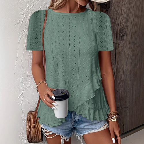 2025 Spring/Summer European & American Style Women's Fashion Casual Solid-Color Short-Sleeve Crew-Neck T-Shirt