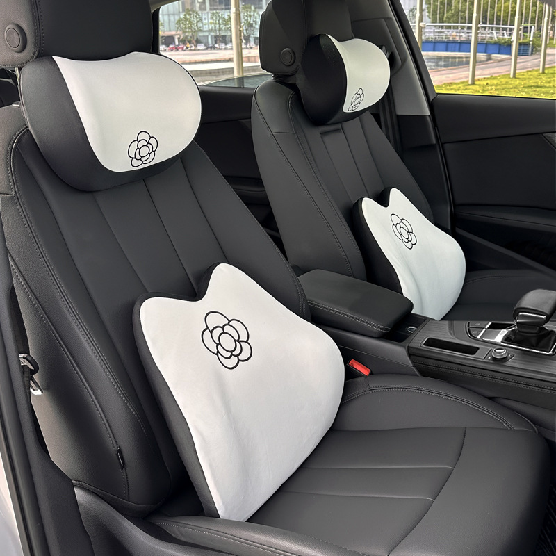 汽車頭枕 山茶花記憶棉車用柔軟座椅護頸枕抱枕 簡約汽車頭枕腰靠