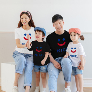 New Summer Dress nice Smiley Parent-Child Dress Family of Three or Four Babies Mother-Child Cotton Short-Sleeved T-Shirt Printed Family Dress