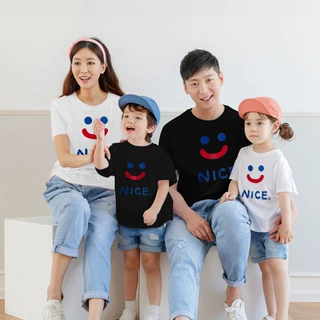 新款夏装nice笑脸亲子装一家三四口婴儿母子棉短袖T恤印花家庭装