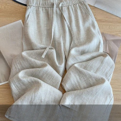 黄色棉麻阔腿裤女夏季薄款2025新款高腰垂坠感九分直筒裤港味ins