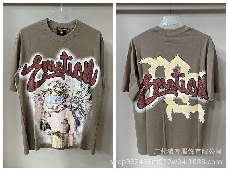 MIXED EMOTION レトロホットダイヤモンドプリントロゴ美しいトレンディなラウンドネックルーズカジュアル半袖Tシャツ男性と女性用|undefined